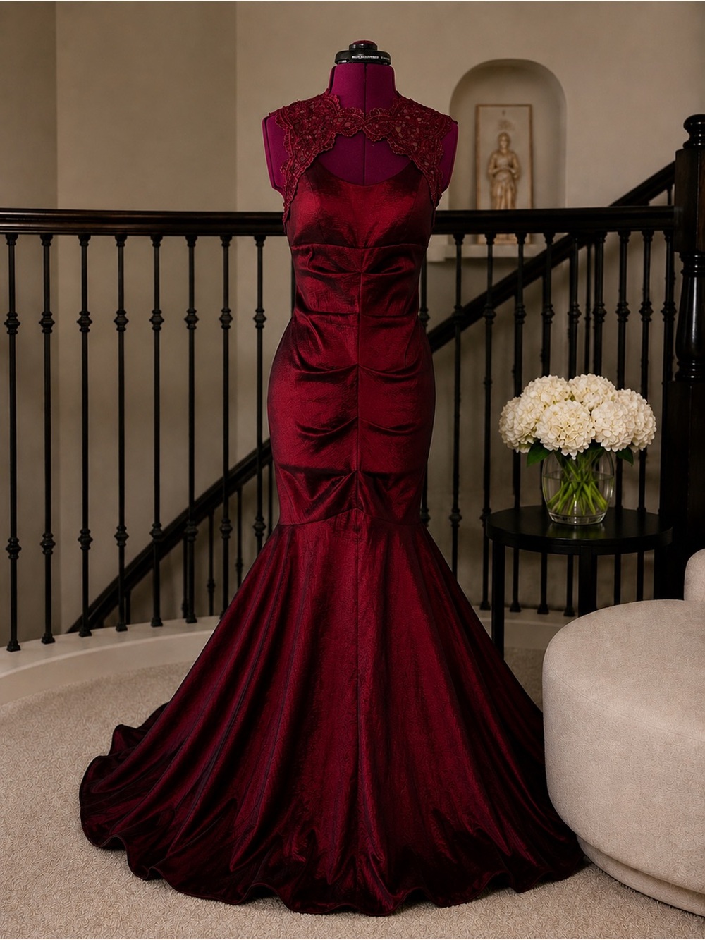 Xscape Burgundy Lace-Accented Mermaid Maxi Dress - Picture 3 of 4